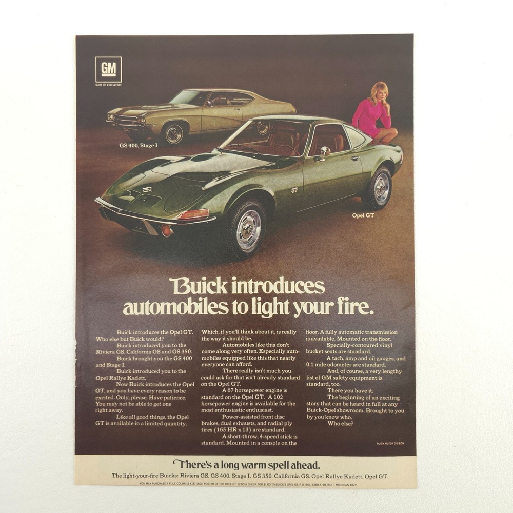 Vtg Buick Opel GT & GS 400 Advertising Print Ad 1970 Promo Classic Car GM Deco